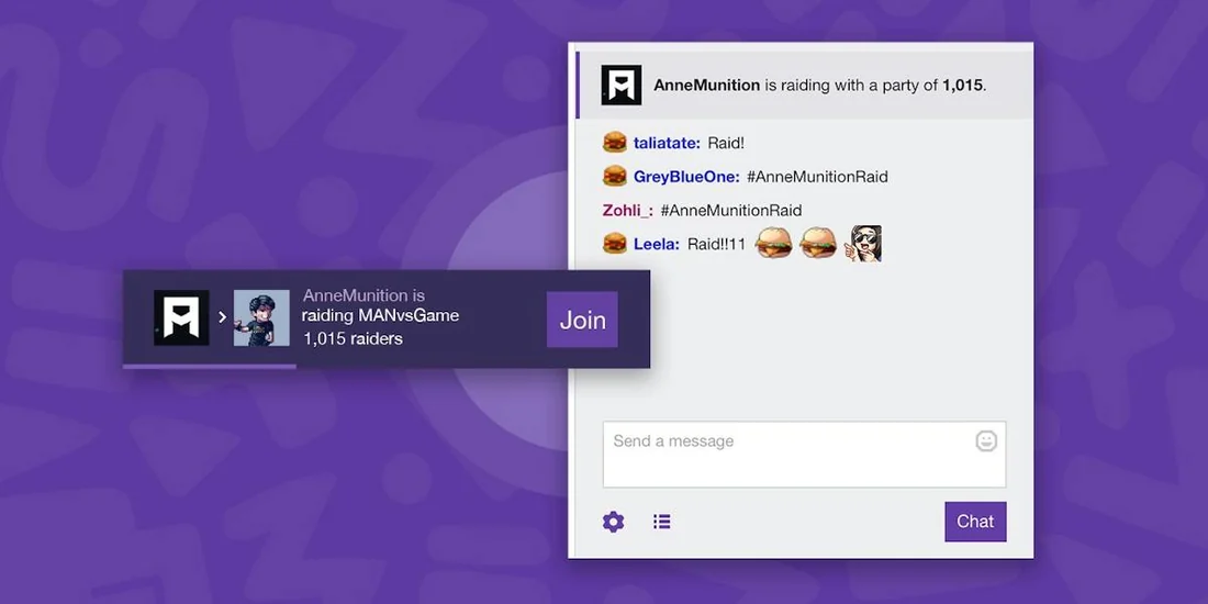 Visual for this record: Twitch Raids send an audience to another channel, not a clip